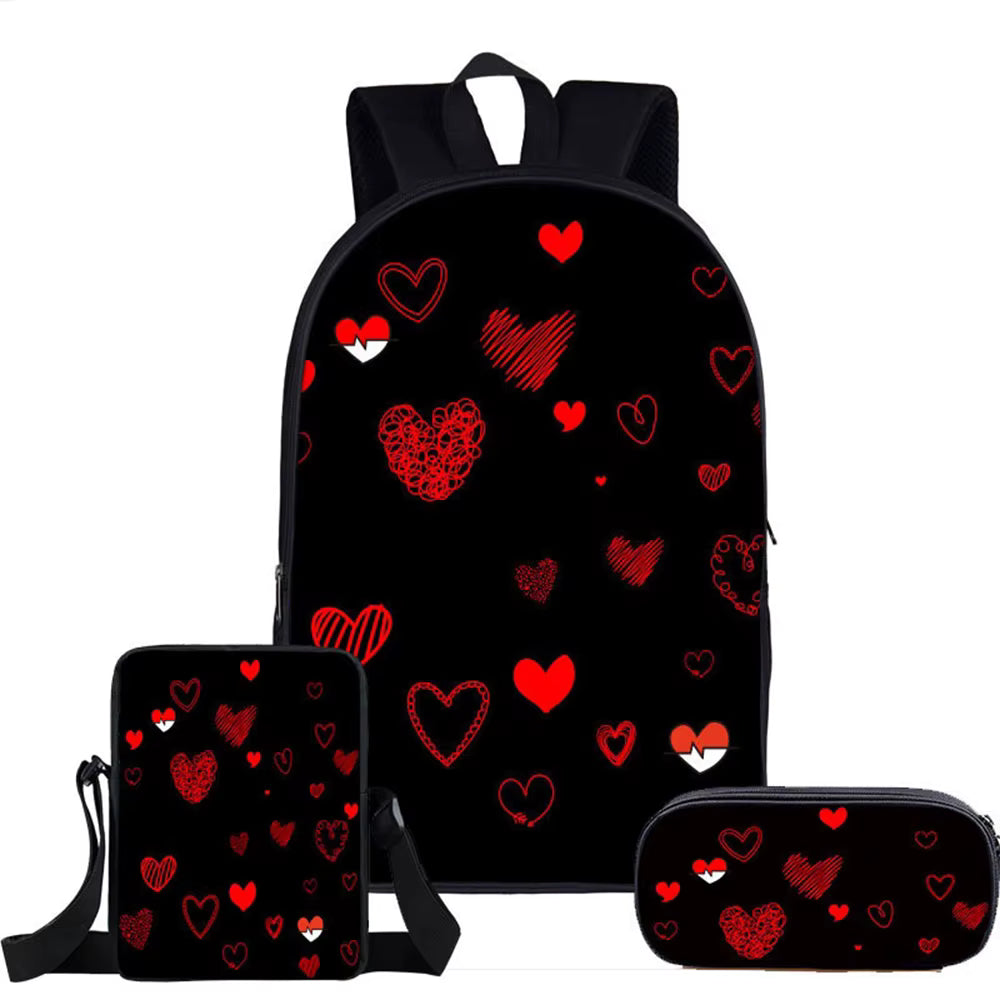 Black backpack with red heart patterns on a white background