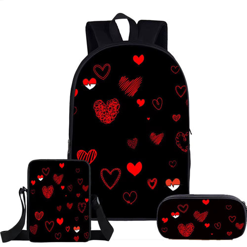 Black backpack with red heart patterns on a white background