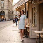 Textured Pastel Tweed Blazer Dress Women's Round Neck Blue Checkered